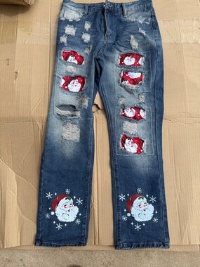 Festive Distressed Blue Women's Jeans with Santa Patch